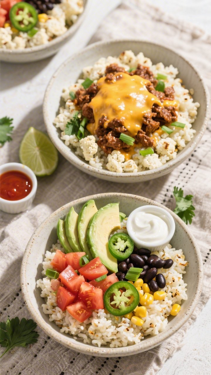 Overhead “tasty top view” assembly shot: Cheesy Taco Cauliflower Rice Bowls seen from above, flu