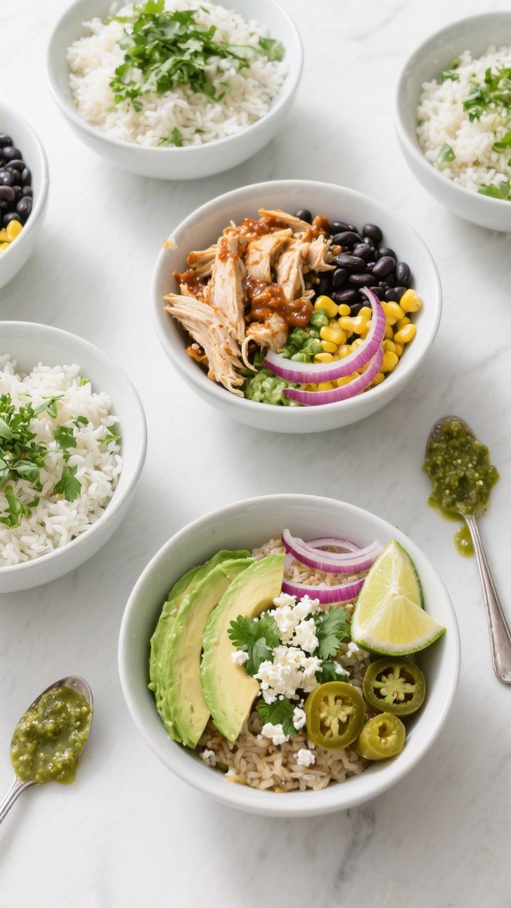 Overhead “tasty top view” assembly shot: Salsa Verde Chicken Bowls arranged on a matte white tab