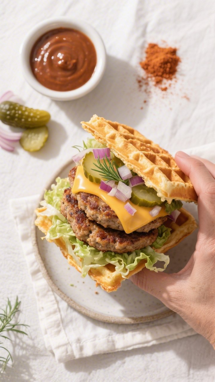 Overhead “tasty top view” assembly: Top-down shot of a handheld low-carb version using golden ch