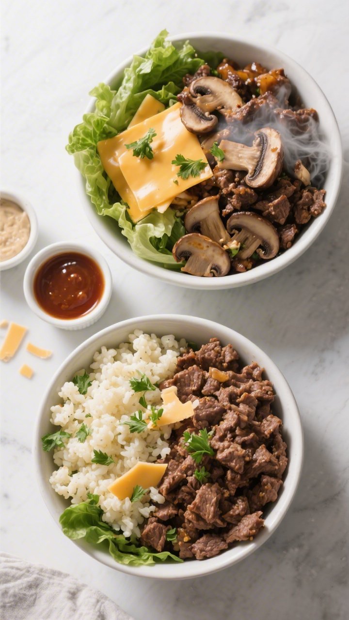 Overhead tasty top view: Build-your-bowl scene showing two finished bowls side by side—one fully l