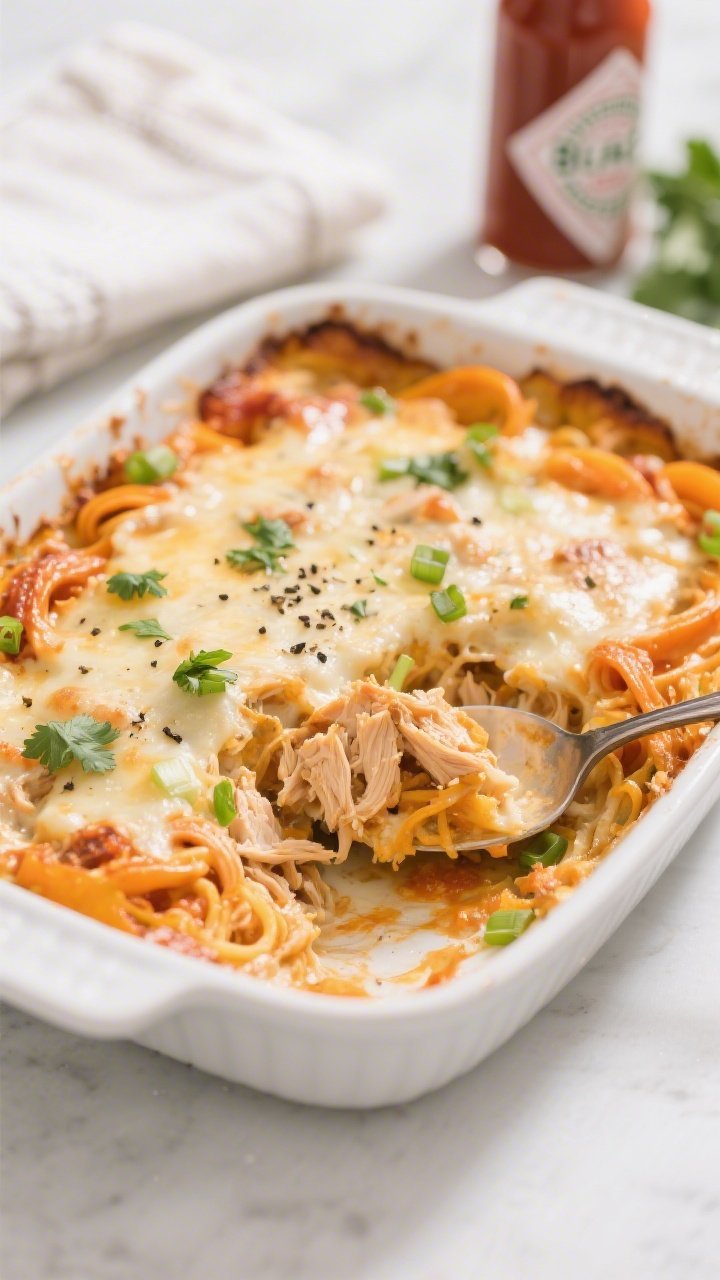 Overhead tasty top view: Casserole-style bake in a white ceramic dish—creamy, spicy buffalo chicke