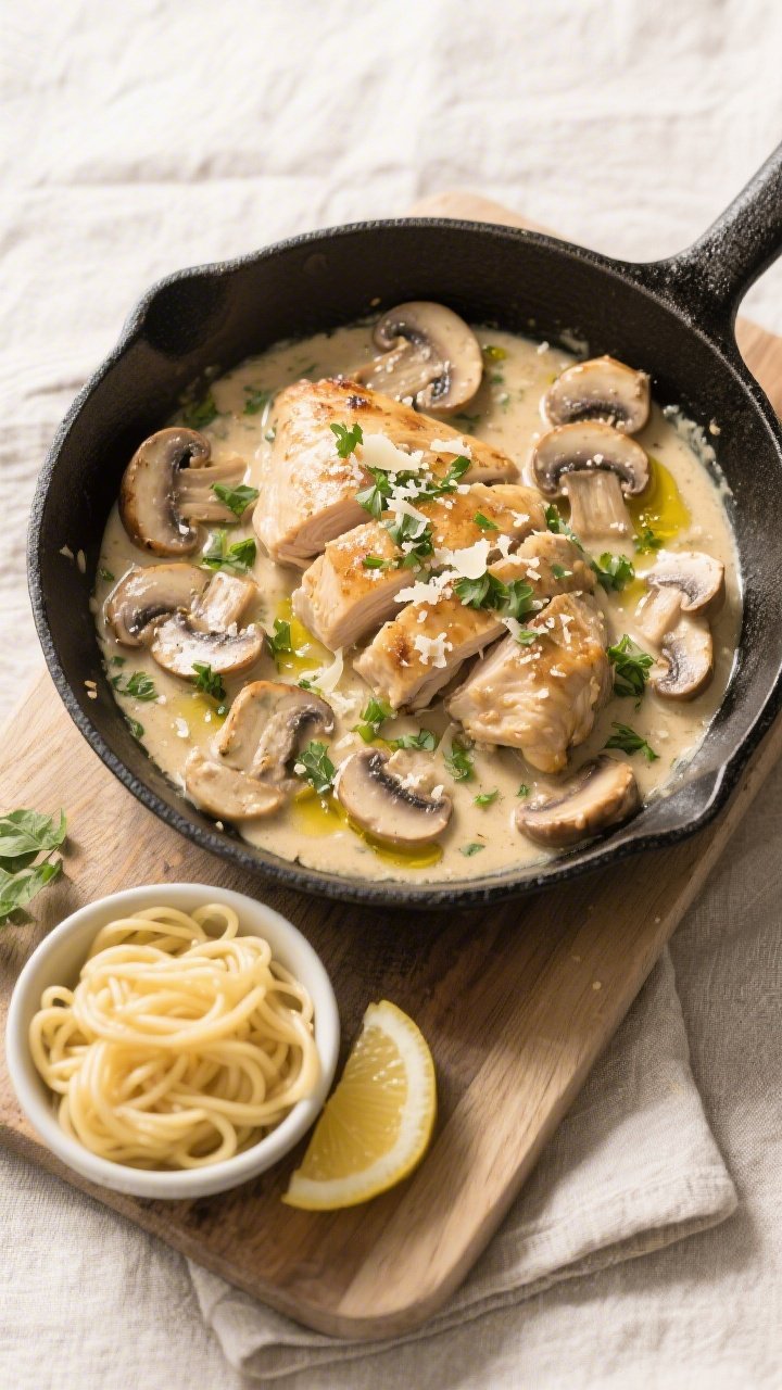 Overhead tasty top view: Final creamy mushroom chicken skillet presented family-style in a black cas