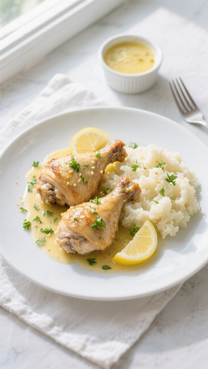 Overhead “tasty top view”: Final plated Keto Crockpot Lemon Butter Garlic Chicken Thighs on a wi