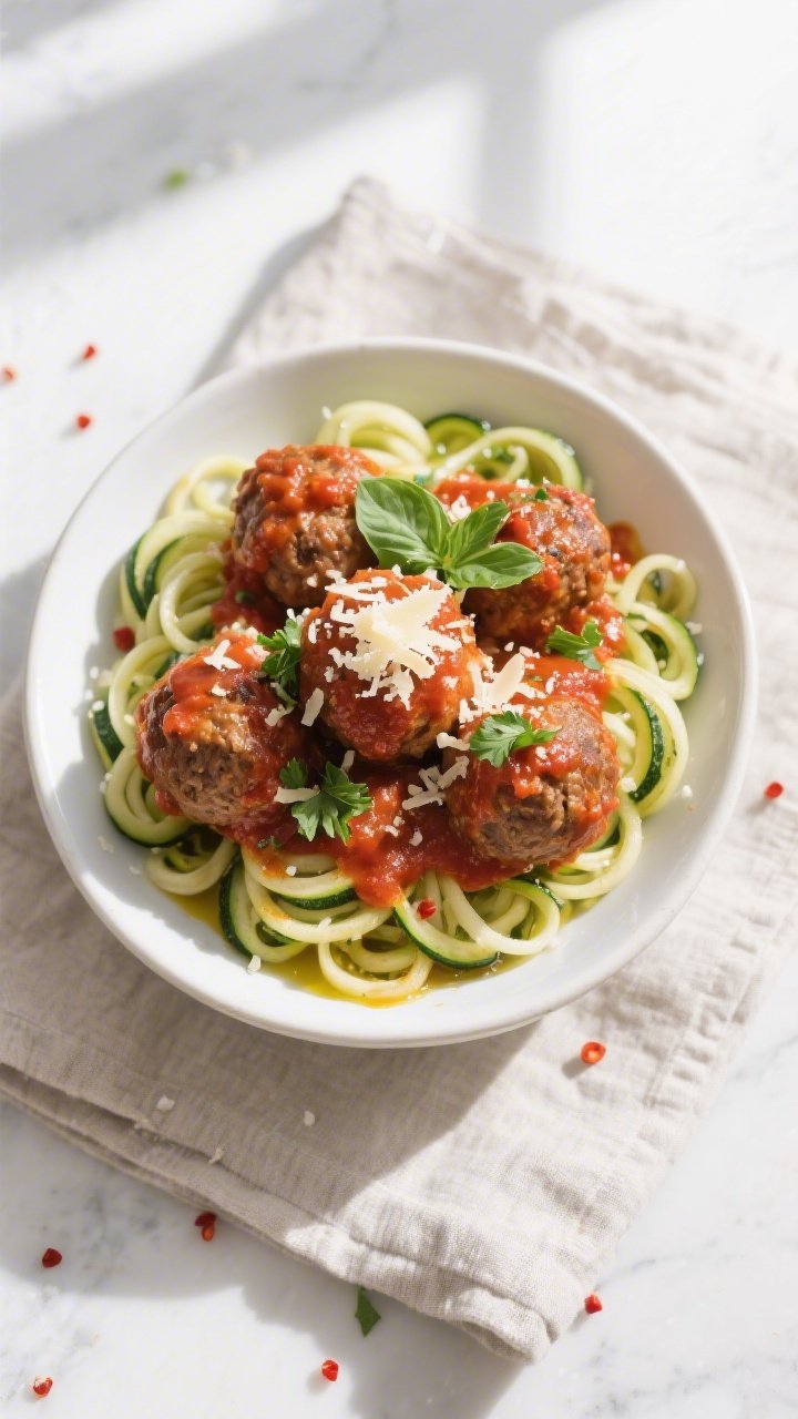 Overhead “tasty top view”: Final plated Keto Crockpot Zesty Italian Meatballs arranged in a shal