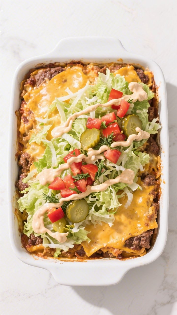 Overhead tasty top view: Fully assembled Keto In-N-Out Burger Casserole after resting, topped with a
