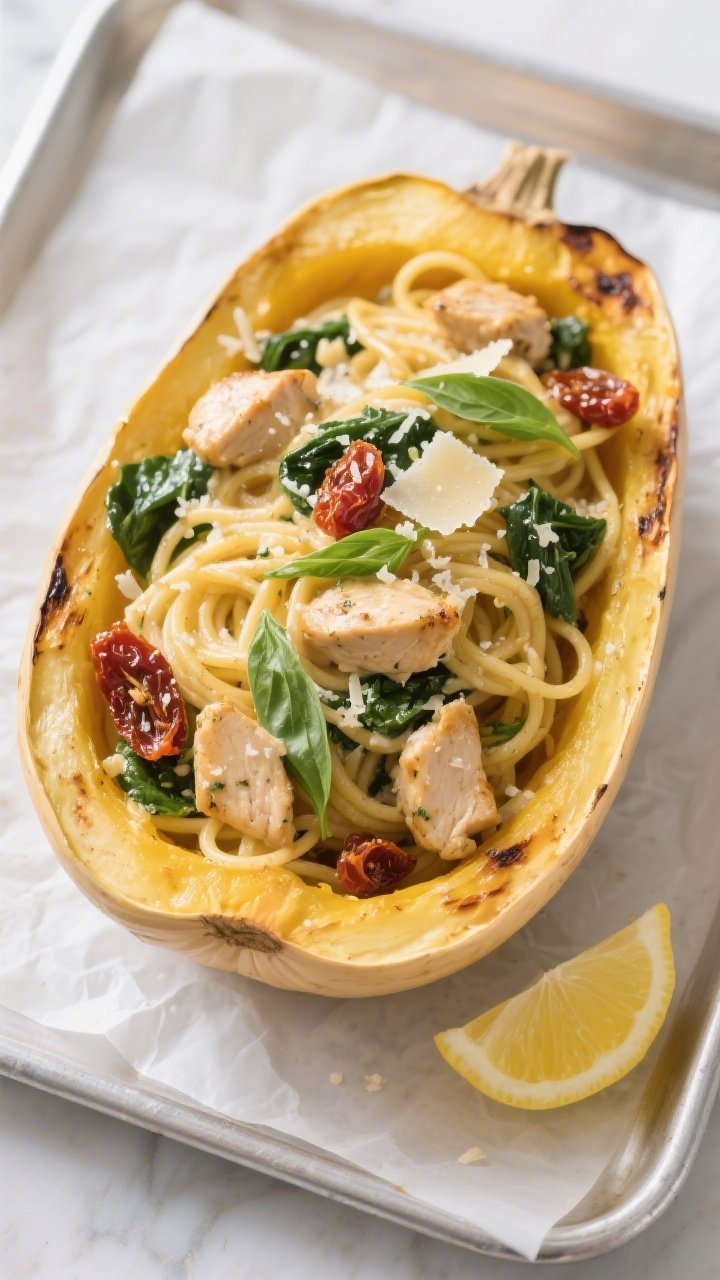 Overhead “tasty top view” in squash boat: Roasted spaghetti squash half used as a bowl, filled w