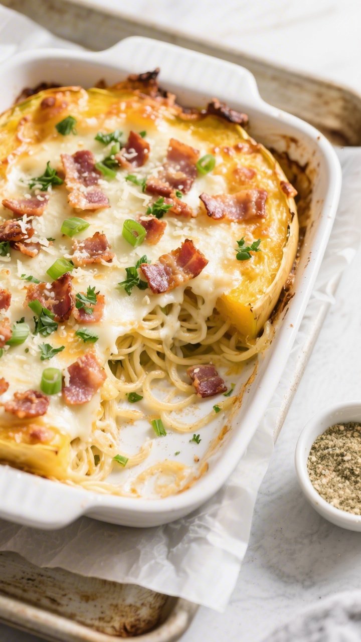 Overhead “tasty top view”: Keto Bacon Ranch Spaghetti Squash casserole just out of the oven—go