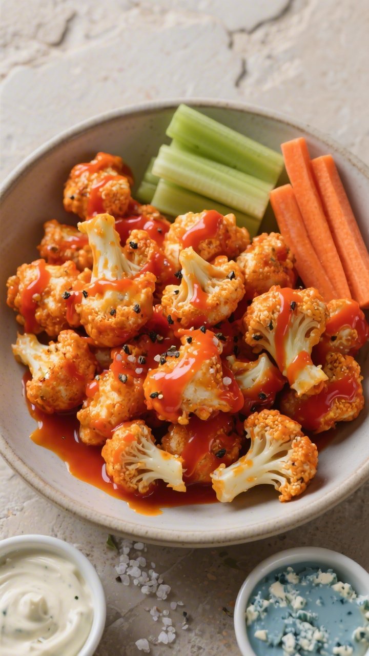Overhead “tasty top view”: Large bowl of freshly tossed buffalo cauliflower bites coated in vivi