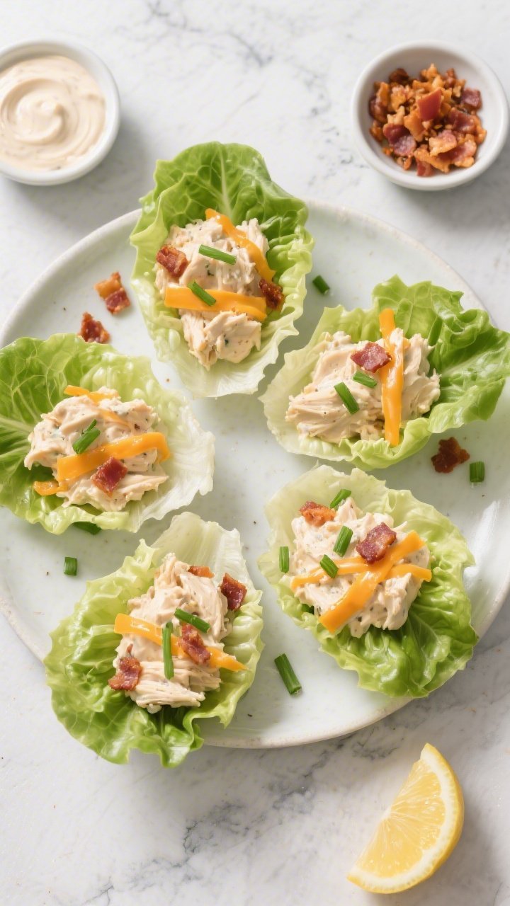 Overhead tasty top view: Lettuce-cup spread with Keto Crack Chicken tucked into crisp butter lettuce