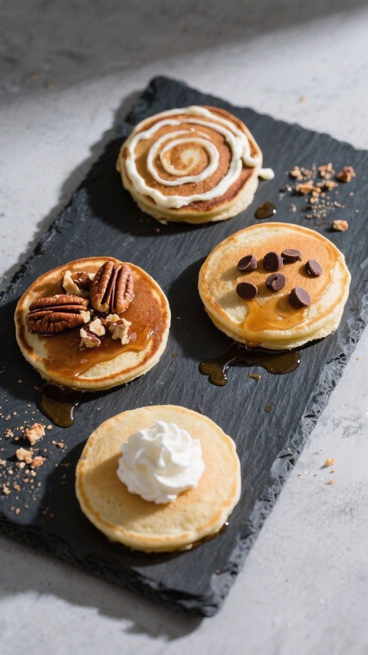 Overhead “tasty top view”: Neat arrangement of four small 3–4 inch keto pancakes on a charcoal