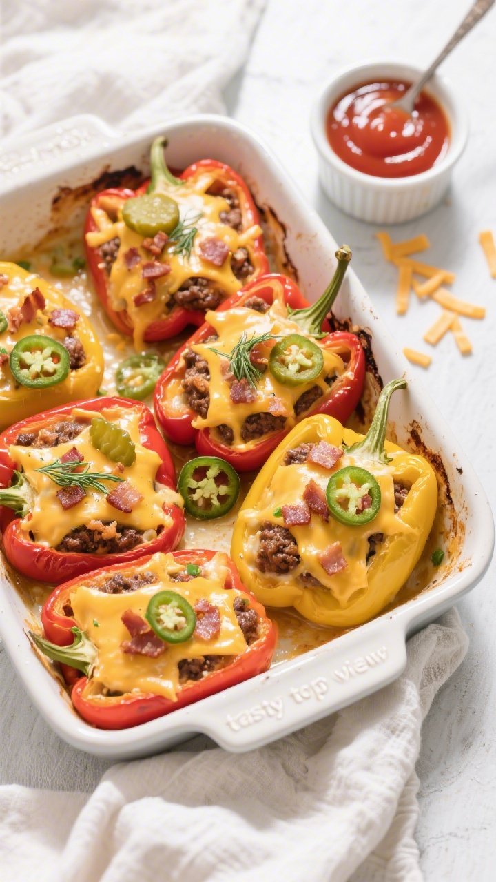 Overhead “tasty top view” of a baking dish filled with Keto Cheeseburger Stuffed Peppers at the 