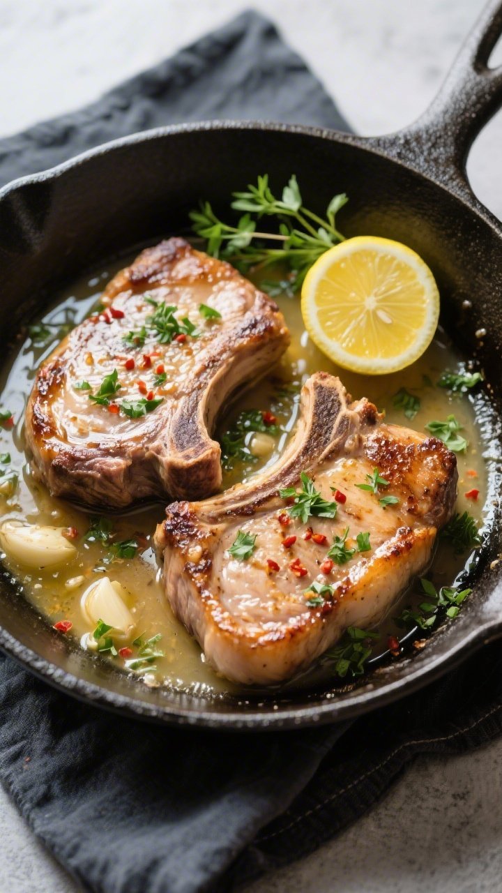 Overhead “tasty top view” of finished Keto Garlic Butter Pork Chops in the skillet after deglazi