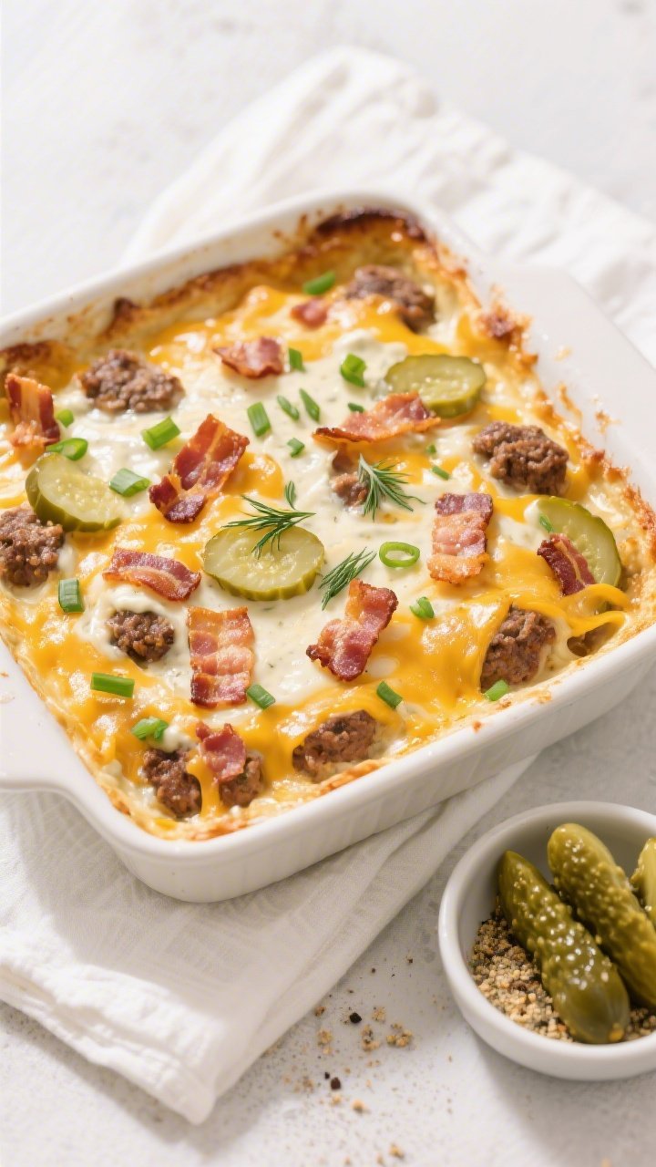 Overhead “tasty top view” of the baked Keto Ranch Bacon Hamburger Bake in a 9x9 casserole: golde