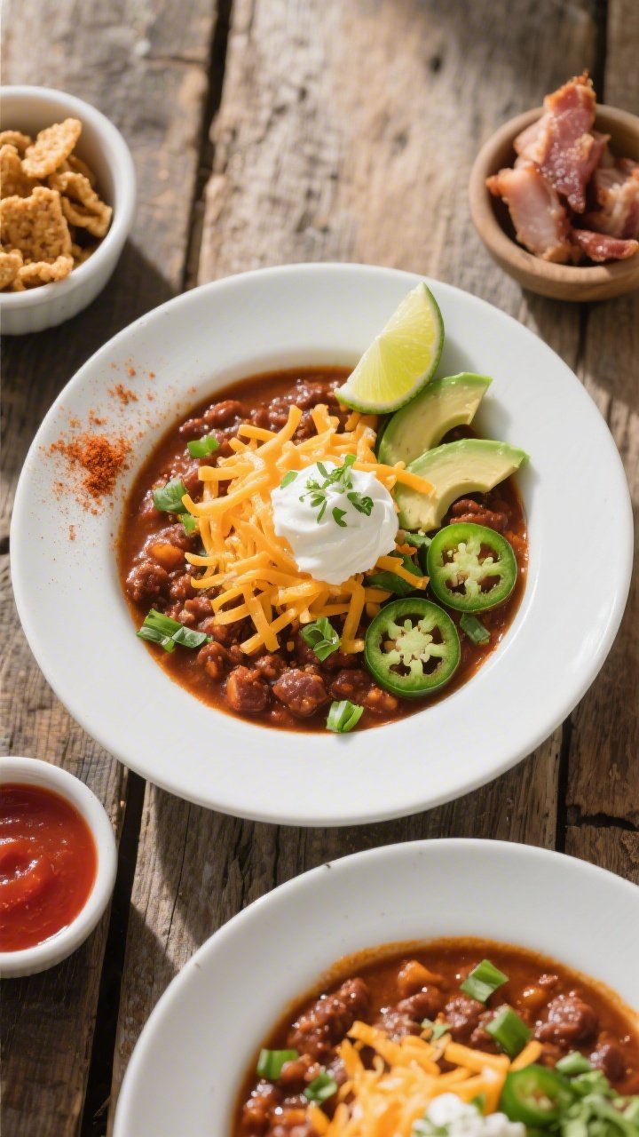Overhead “tasty top view” of the finished chili ladled into wide, shallow white bowls: thick, ch