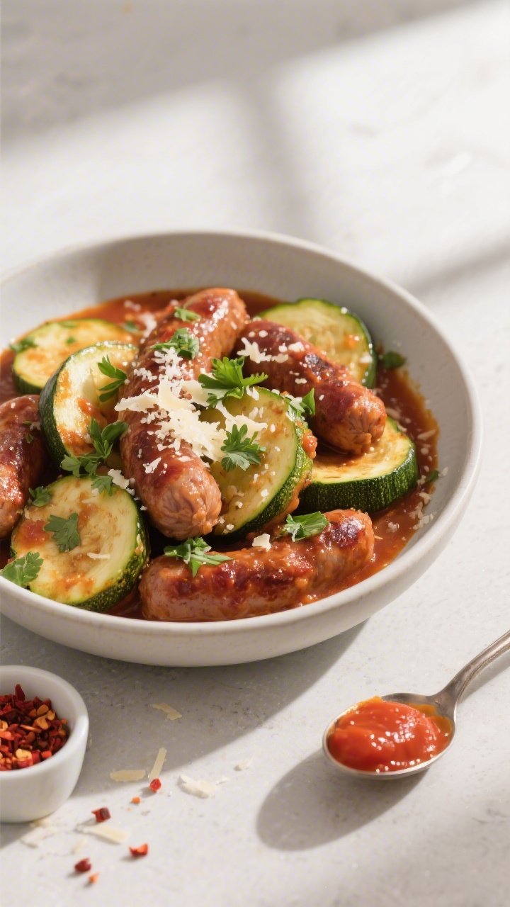 Overhead “tasty top view” of the finished Keto Crockpot Spicy Sausage & Zucchini served in wide 