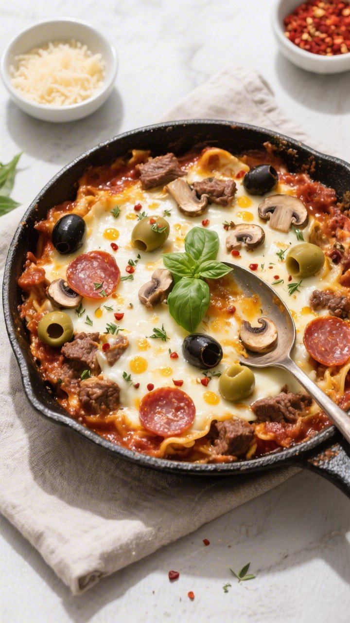 Overhead “tasty top view” of the finished skillet ready to serve: even cheese coverage with gold