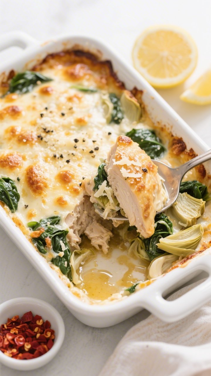 Overhead “tasty top view” of the whole bake: Top-down shot of the entire casserole in a white en