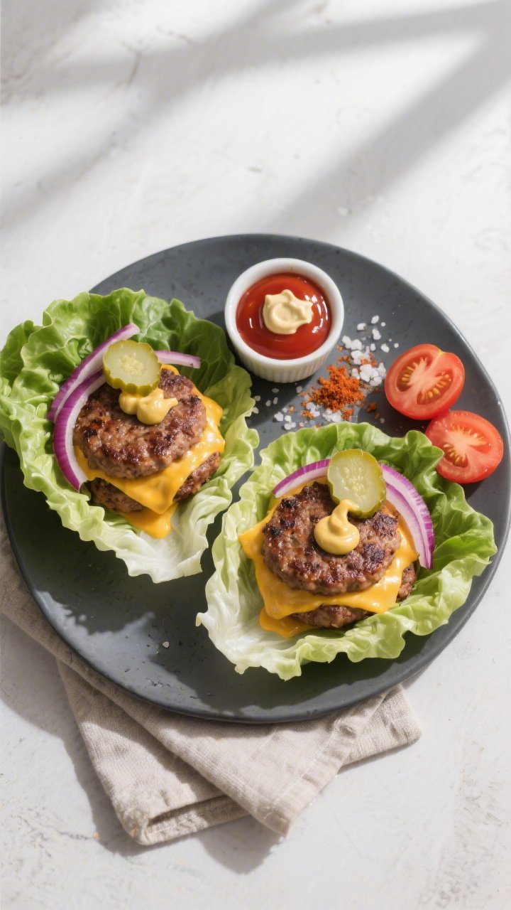 Overhead “tasty top view” of two cooked keto cheddar-stuffed hamburger patties served in crisp b