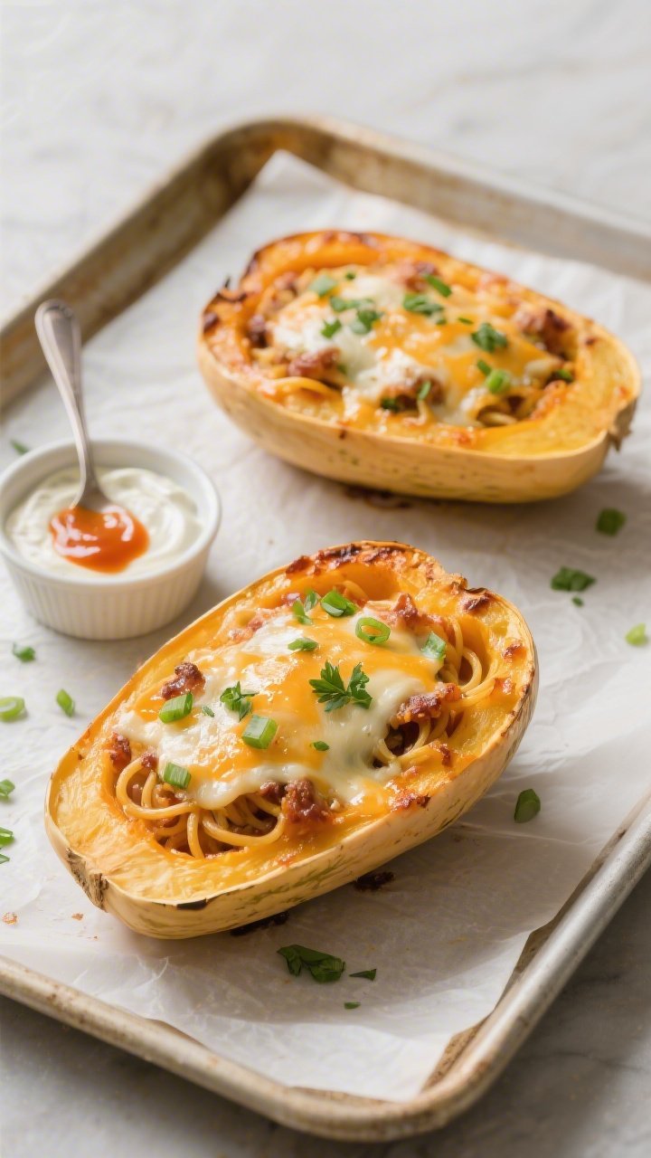 Overhead “tasty top view” of two stuffed spaghetti squash boats on a parchment-lined baking shee