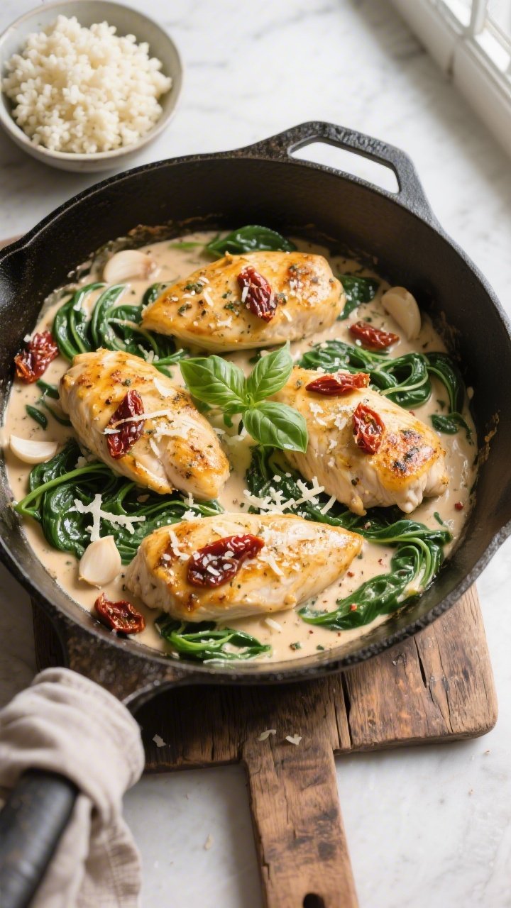 Overhead tasty top view: One-pan skillet shot of the completed dish—four golden chicken breasts ba