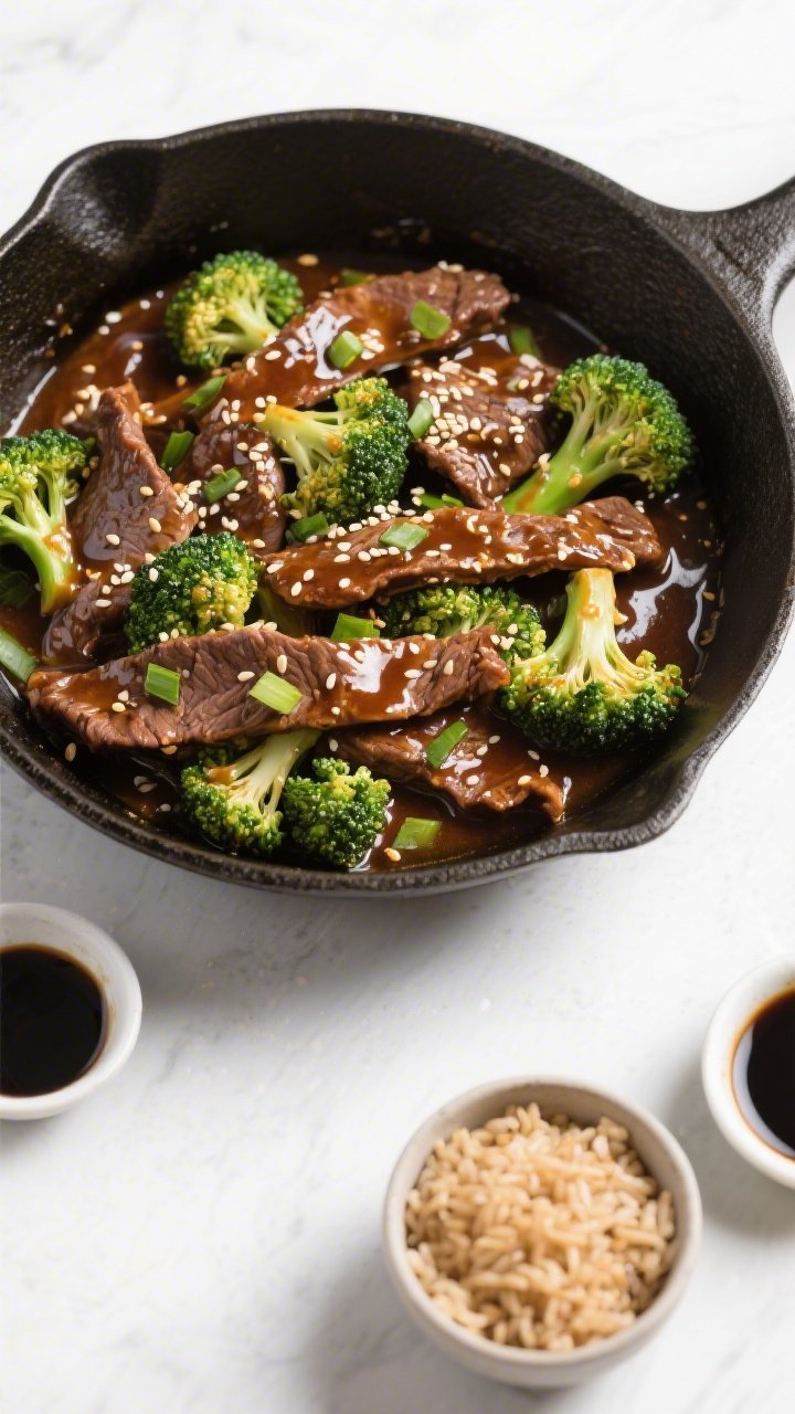 Overhead “tasty top view”: One-pan teriyaki beef and broccoli in a large skillet, sauce thick an
