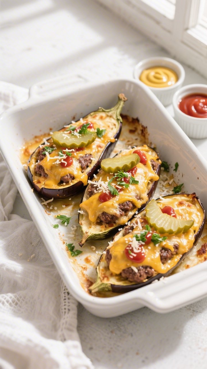 Overhead tasty top view: Overhead shot of keto hamburger stuffed eggplant boats just out of the oven
