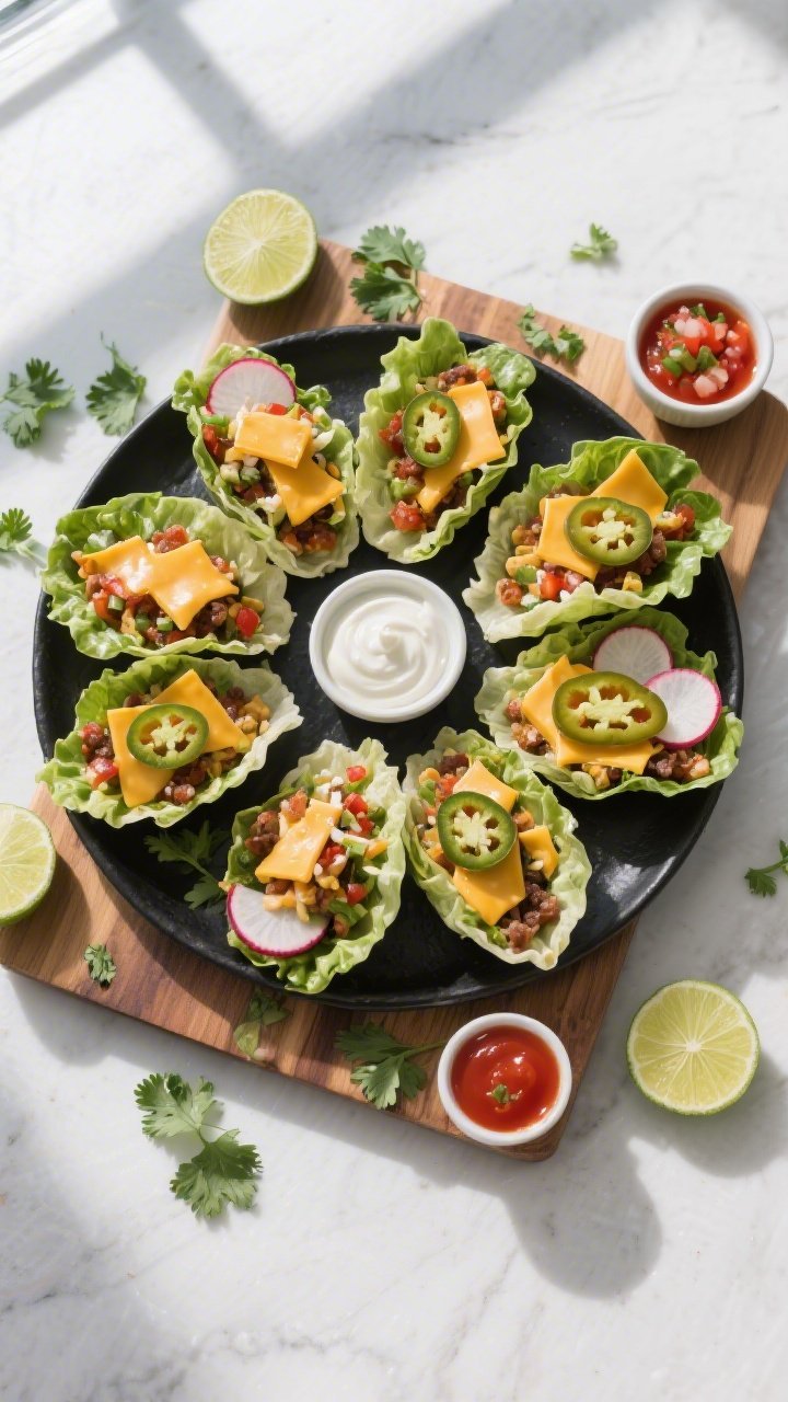 Overhead, tasty top view presentation: Board-style spread of assembled Keto Taco Lettuce Wraps arran