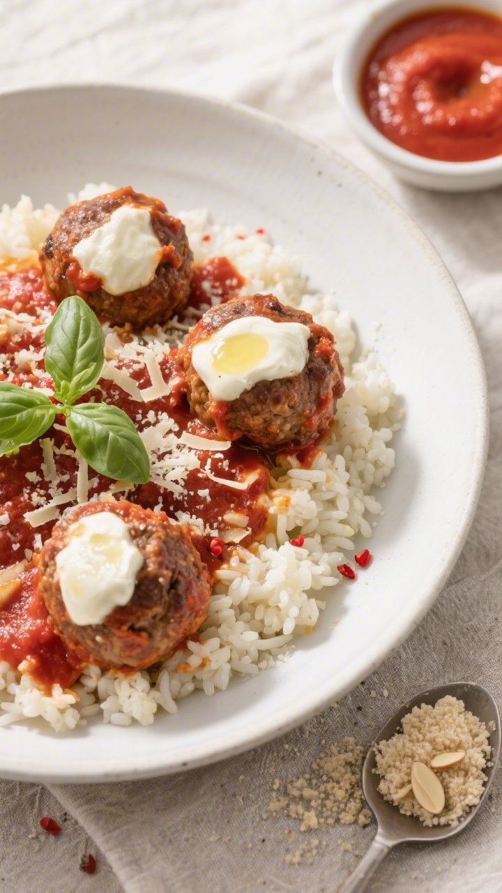 Overhead “tasty top view” shot: Final plated serving of the meatball casserole over fluffy cauli