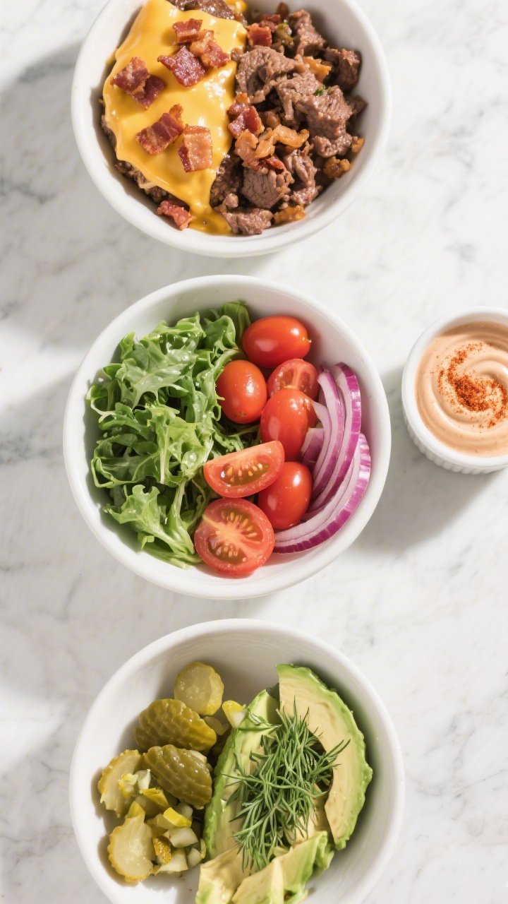 Overhead “tasty top view”: Top-down shot of a meal-prep lineup—four bowls with neatly separate
