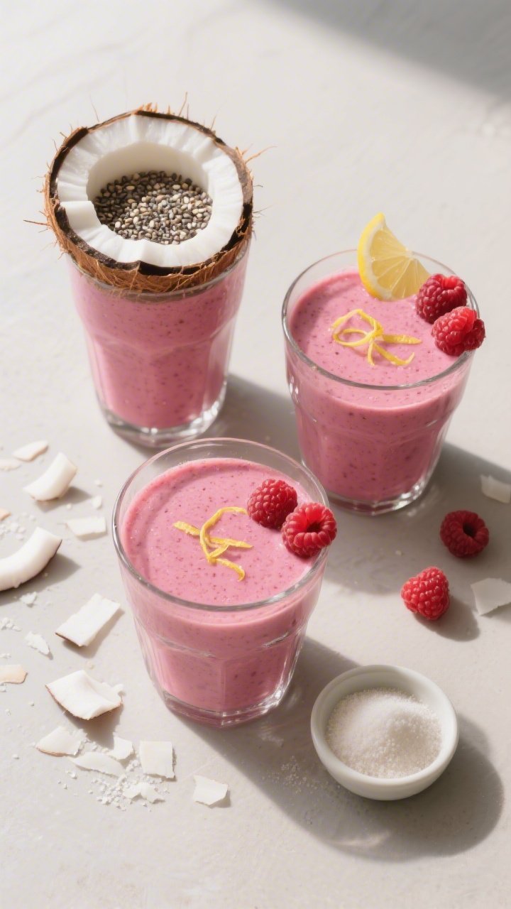 Overhead “tasty top view”: Top-down shot of two glasses of the finished raspberry coconut smooth