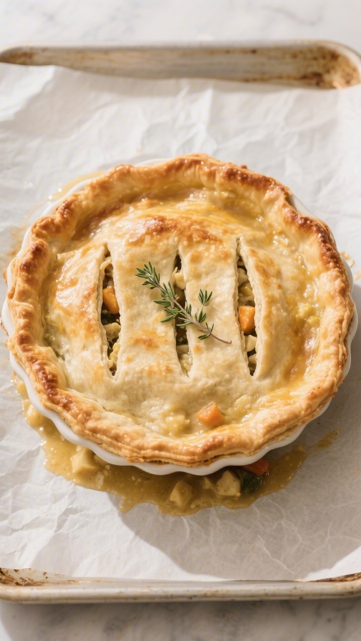 Overhead tasty top view: Uncut keto chicken pot pie just out of the oven in a deep 9-inch pie dish,