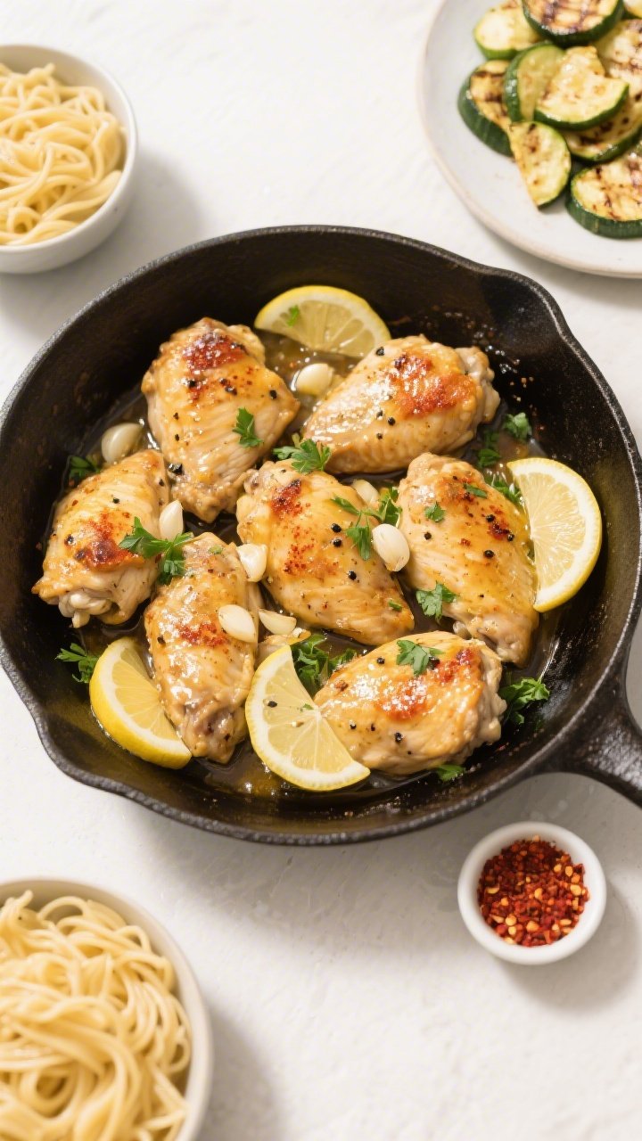 Overhead top view, family-style: Skillet of finished Garlic Butter Chicken shot from above, chicken 