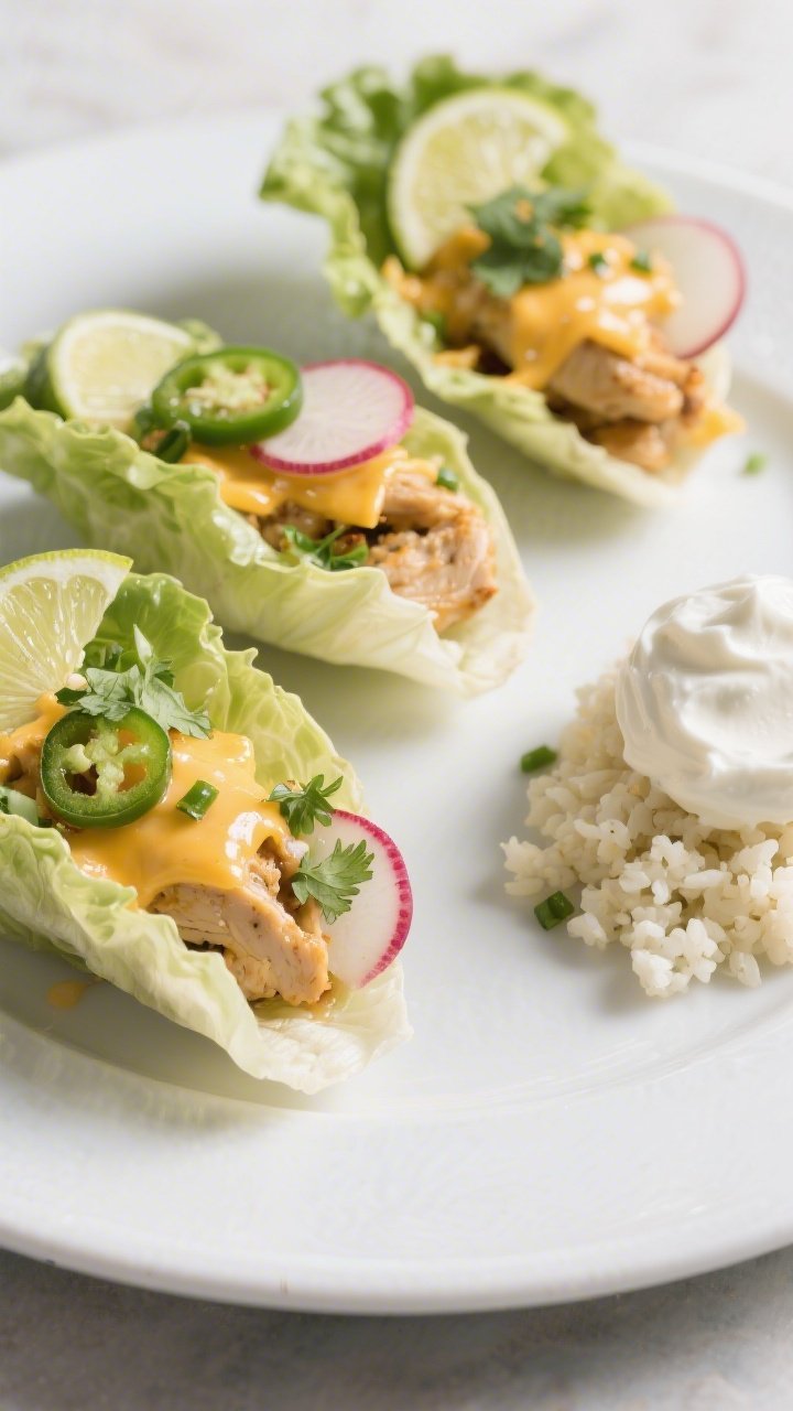 Plated serving beauty: Three butter lettuce cups filled with the cheesy chicken taco mixture, garnis