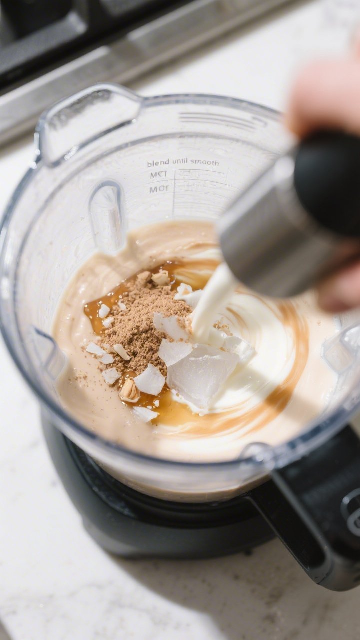 Process-action shot inside the blender just before the final blend: ingredients already combined and