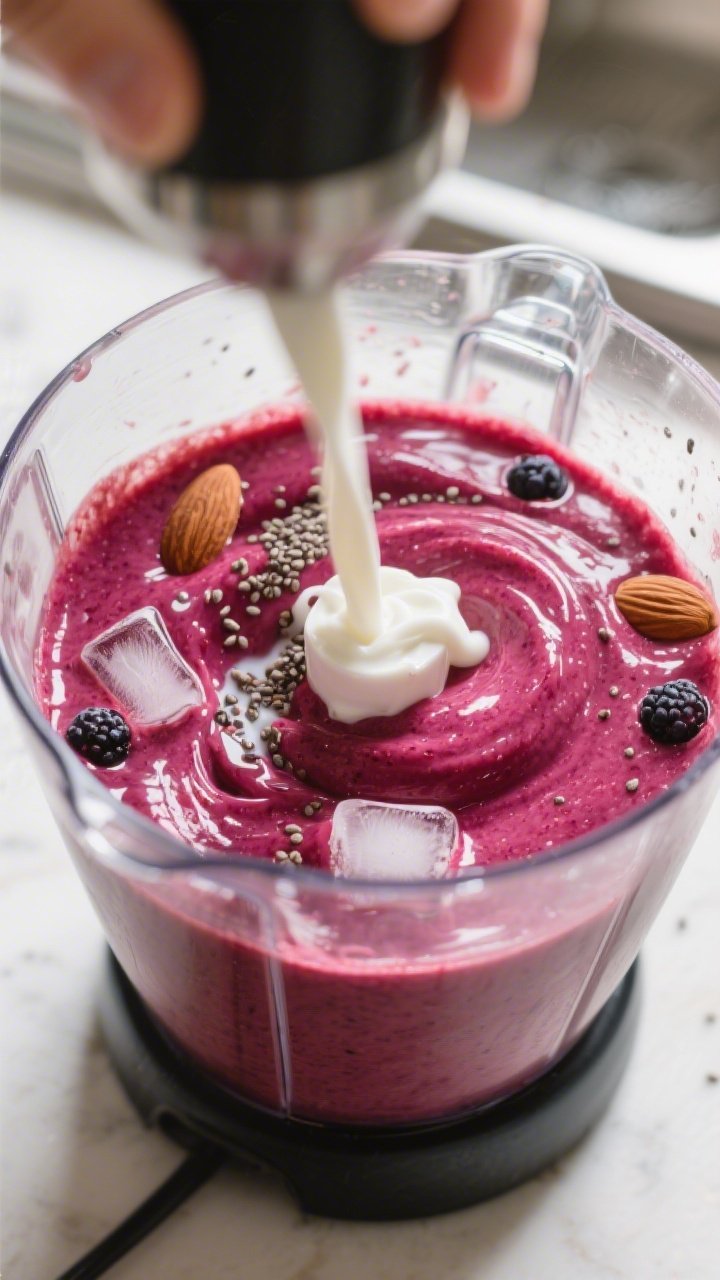 Process-in-action: Professional kitchen-style shot of the smoothie mid-blend inside a high-speed ble