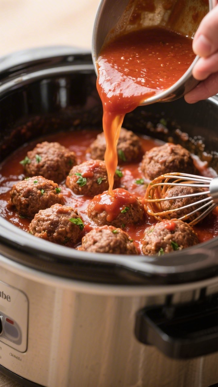 Process-in-action shot: Meatballs being gently lowered in a single snug layer into the crockpot alre