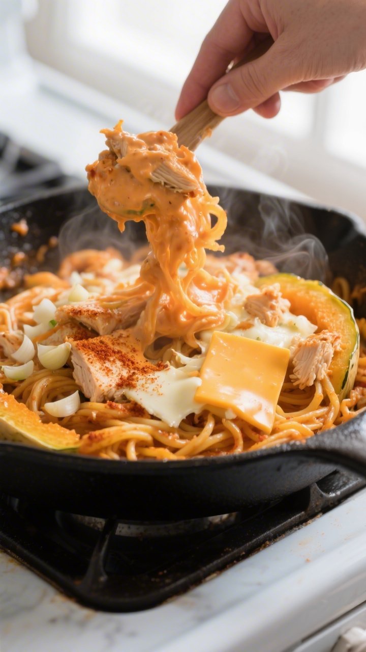 Process-in-action shot of the creamy buffalo ranch chicken mixture being folded into the hot spaghet