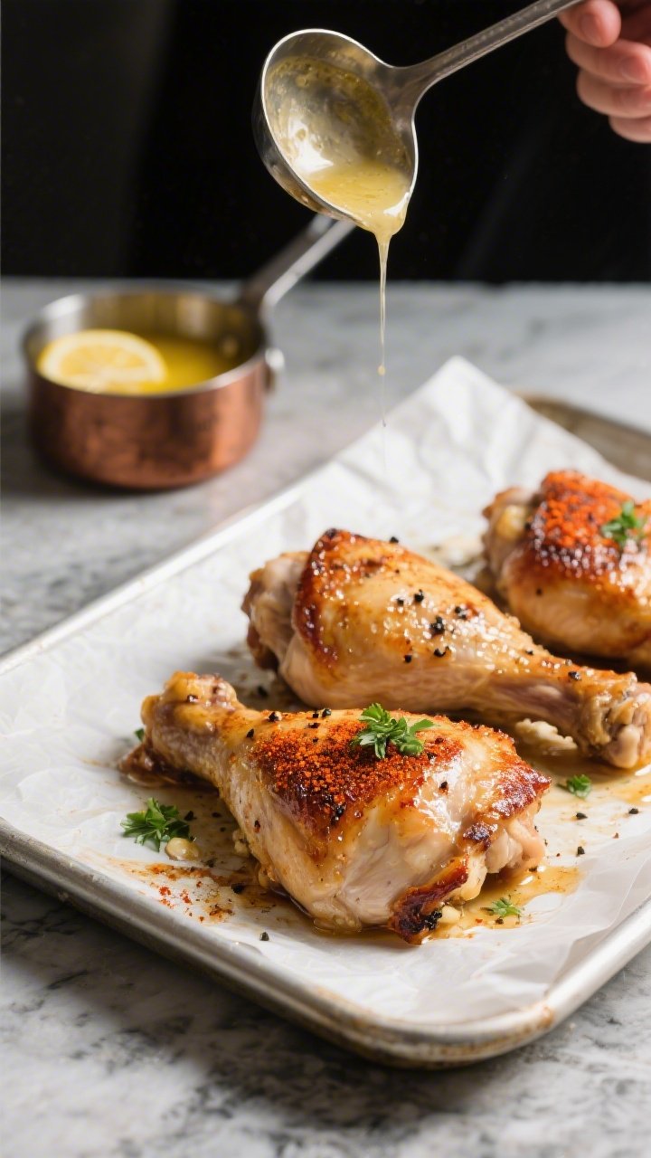 Process-to-plated transition shot: Chicken thighs just broiled to re-crisp, on a parchment-lined she