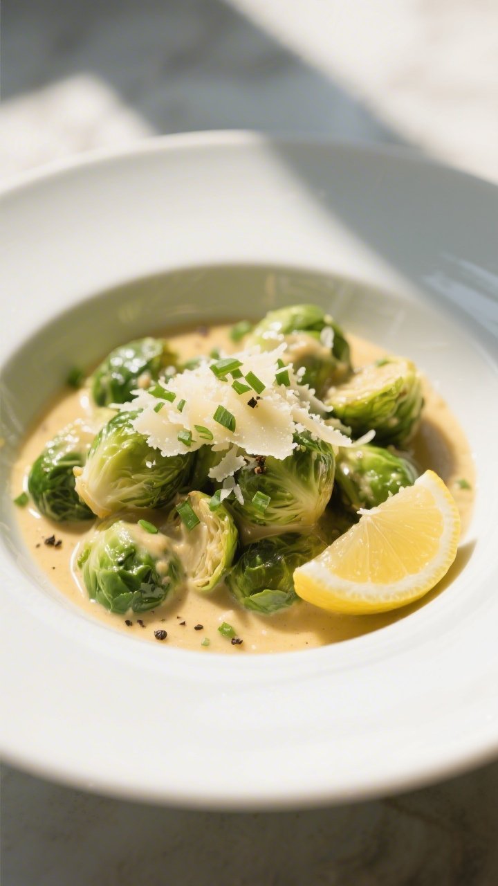 Restaurant-quality final plate: Keto Creamed Brussels Sprouts elegantly served in a shallow white bo