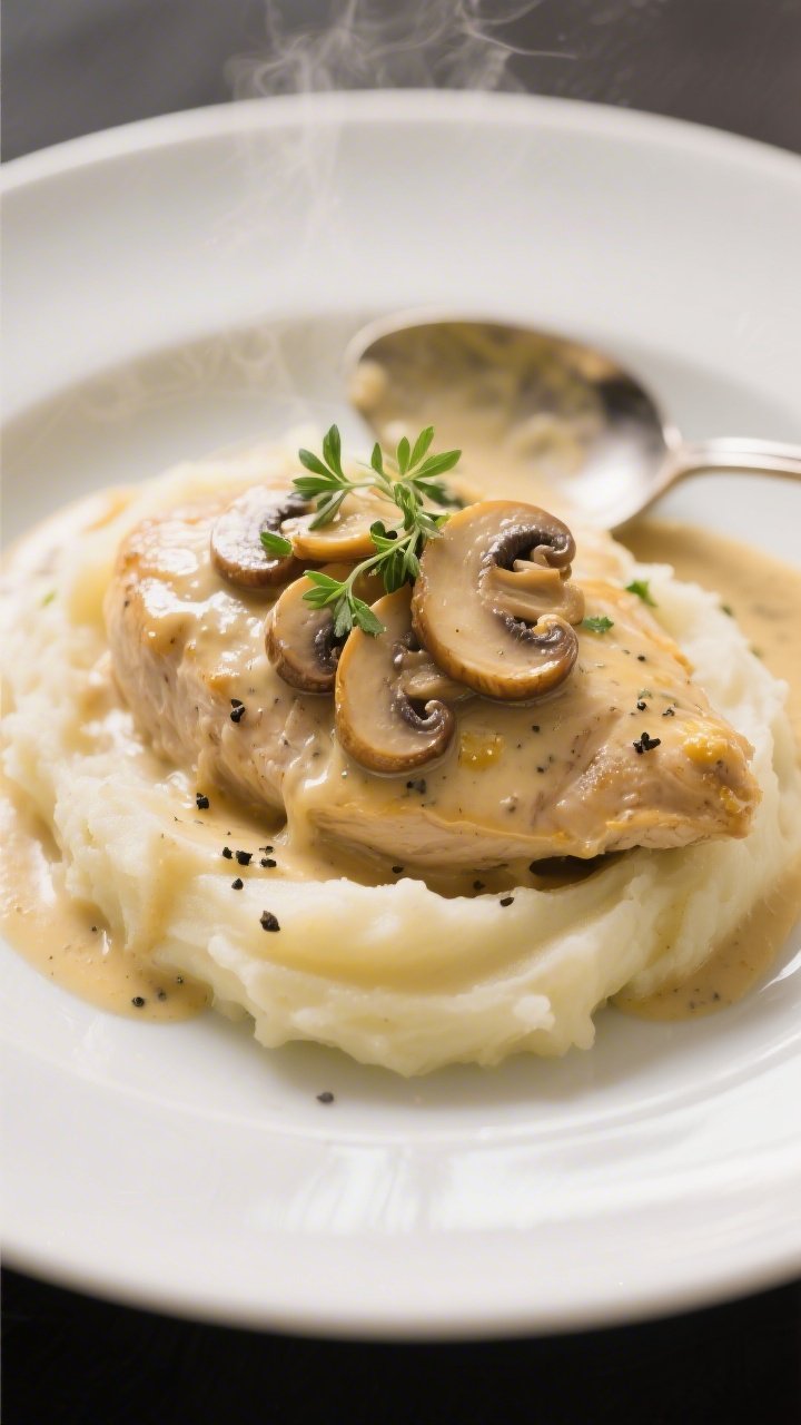 Restaurant-quality plated dish: Beautifully plated creamy mushroom chicken over velvety mashed potat