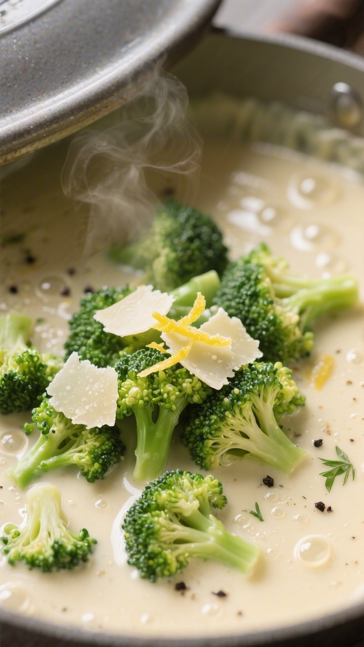 Sauce and broccoli moment: Close-up of silky creamy garlic-Parmesan sauce gently simmering as bright