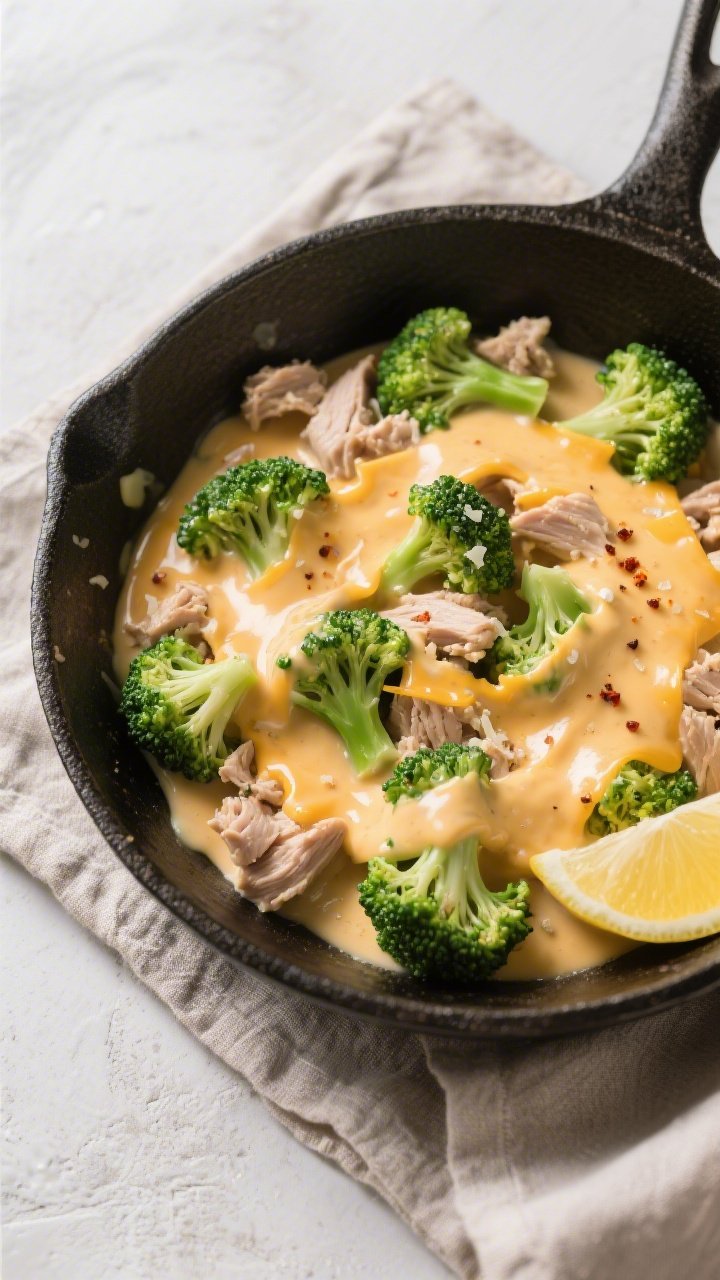Sauce and broccoli stage — Creamy cheese sauce coating broccoli and turkey: Overhead shot of the s