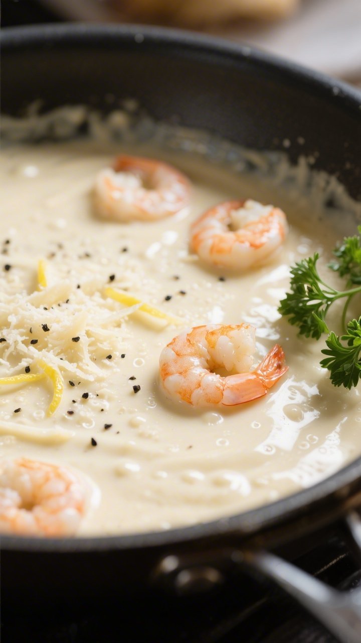 Sauce-building detail, close-up: Silky Alfredo sauce in the skillet just after Parmesan has melted s