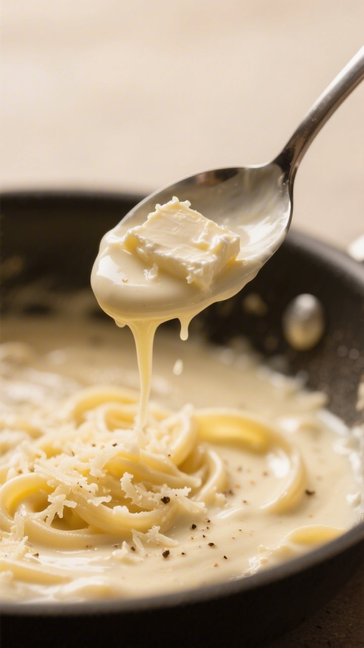 Sauce building detail: Macro shot of the Alfredo turning velvety in the pan—heavy cream and butter