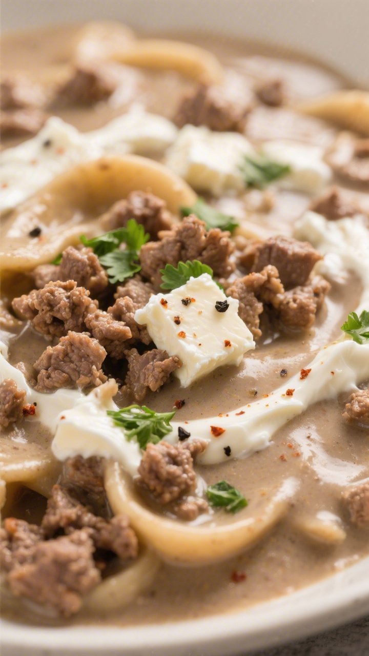 Silky sauce detail: Close-up of Keto Hamburger Stroganoff just after cream cheese and sour cream hav
