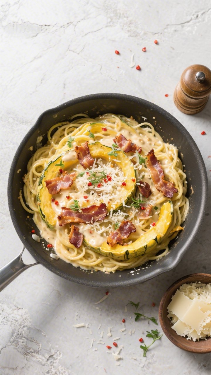 Tasty editorial style: Overhead shot of Keto Spaghetti Squash Carbonara just finished and ready to s