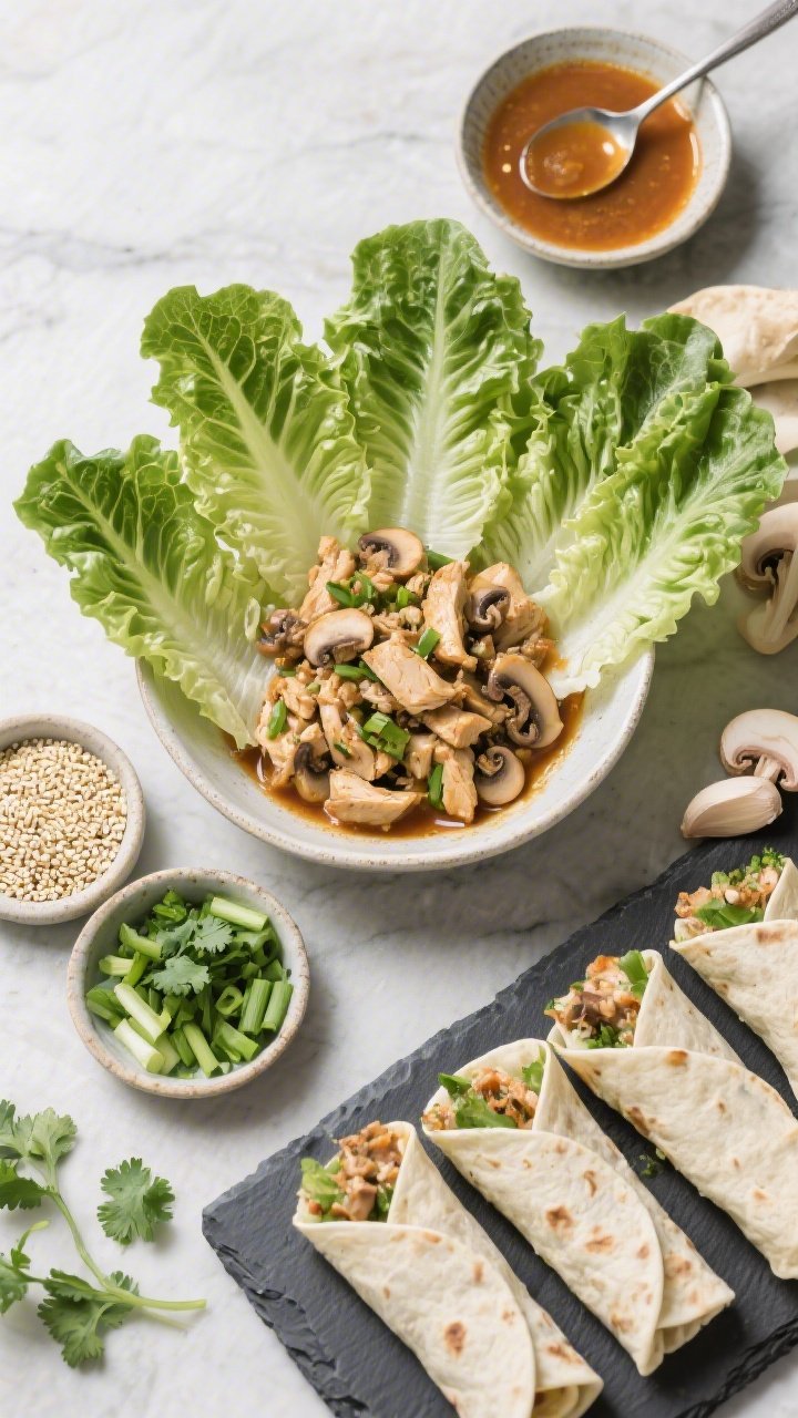 Tasty overhead meal-prep scene: Top-down shot of a build-your-own spread featuring chilled romaine l