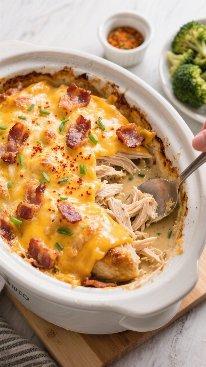 Tasty overhead serving moment: Top-down shot of the finished cheddar bacon chicken in the slow cooke