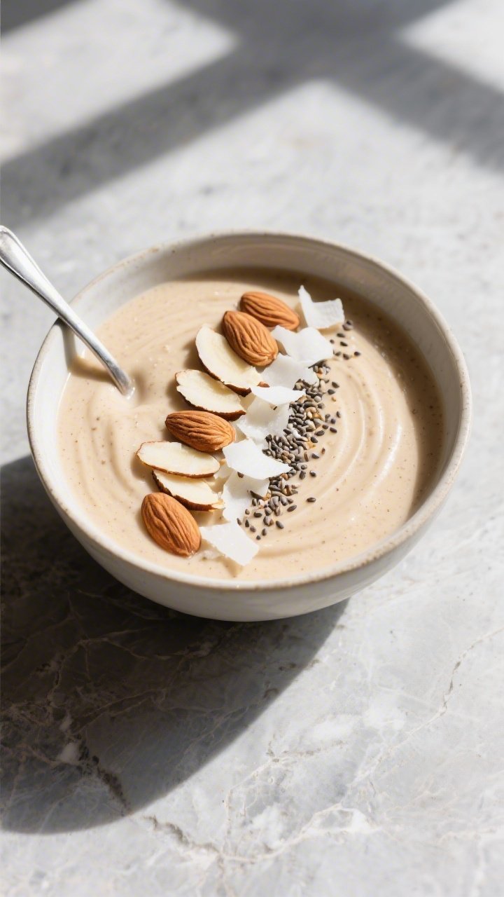 Tasty : Overhead shot of a thicker, bowl-style Keto Vanilla Almond Smoothie with a spoonable texture