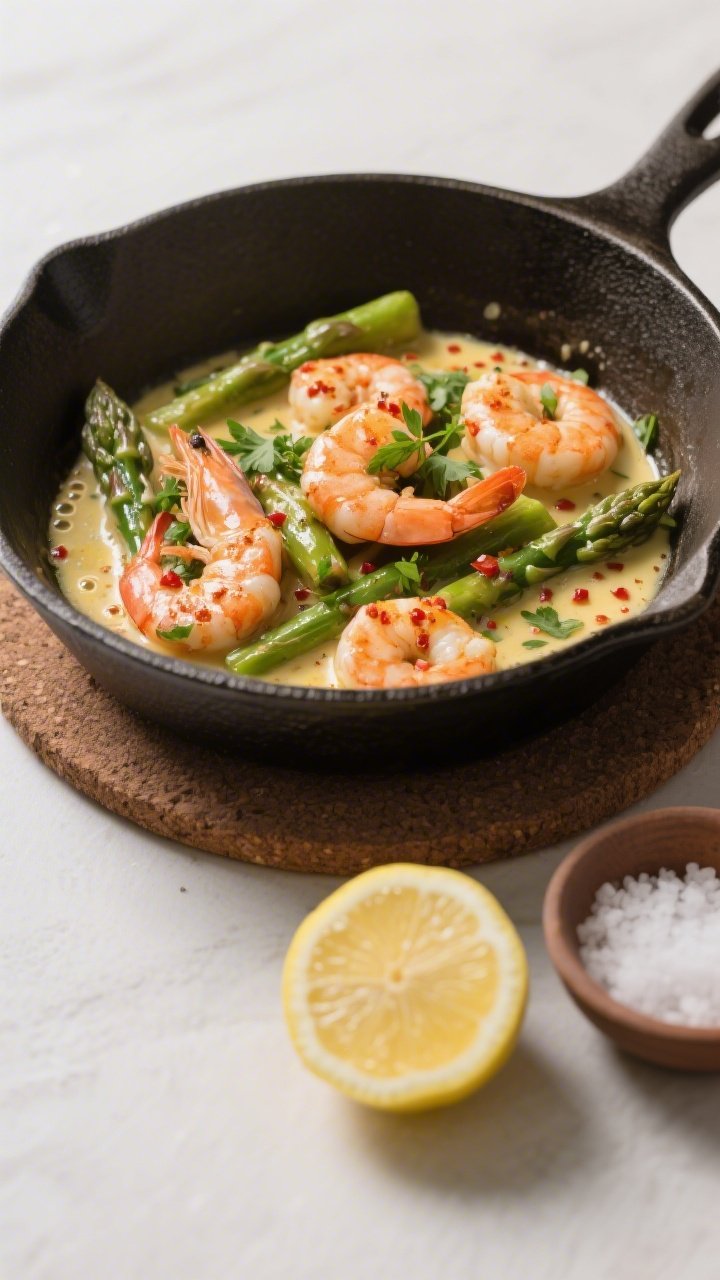 Tasty : Overhead shot of the finished skillet on a trivet—shrimp and asparagus tossed together in 